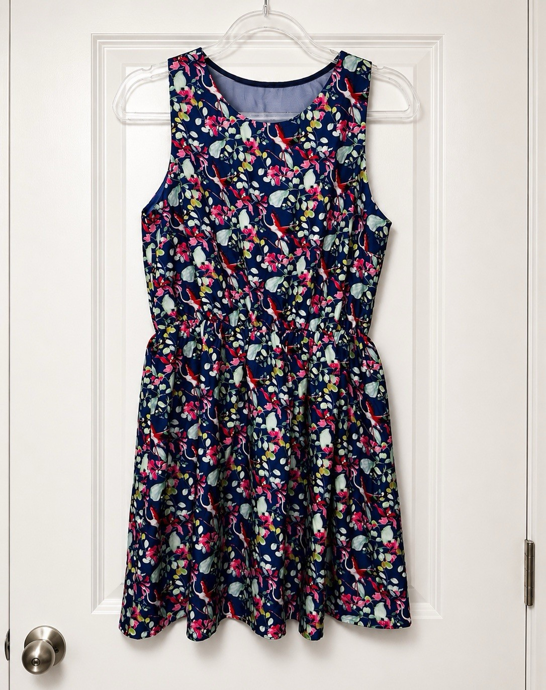 Pink Martini Floral Bird Print Dress M Navy Sleeveless Sheer Yoke Lined