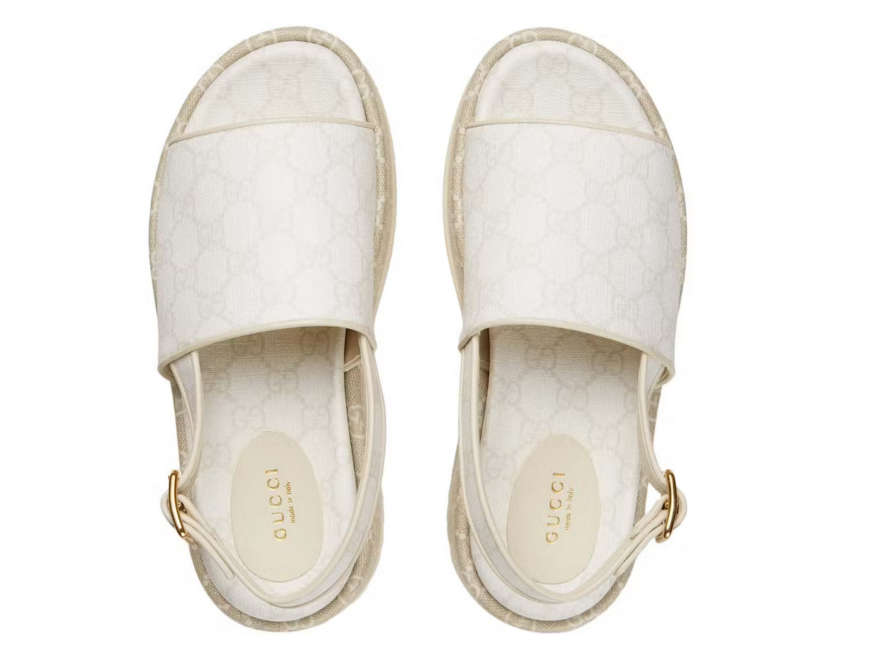 Women’s Authentic Gucci White Canvas GG Supreme Angelina Platform Sandals New