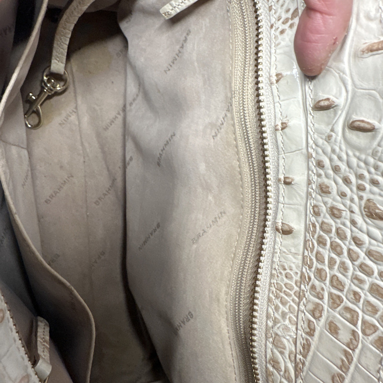 Brahmin Greta Satchel Bag With Crossbody Strap Cream Gold Croc Embossed