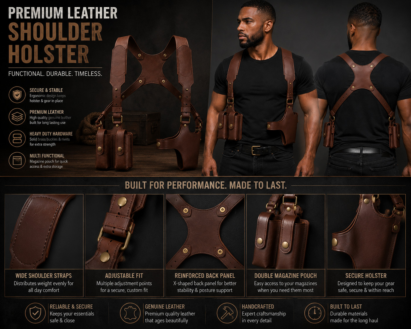 Genuine Leather Shoulder Holster Harness Magazine Pouch Adjustable Chest Rig