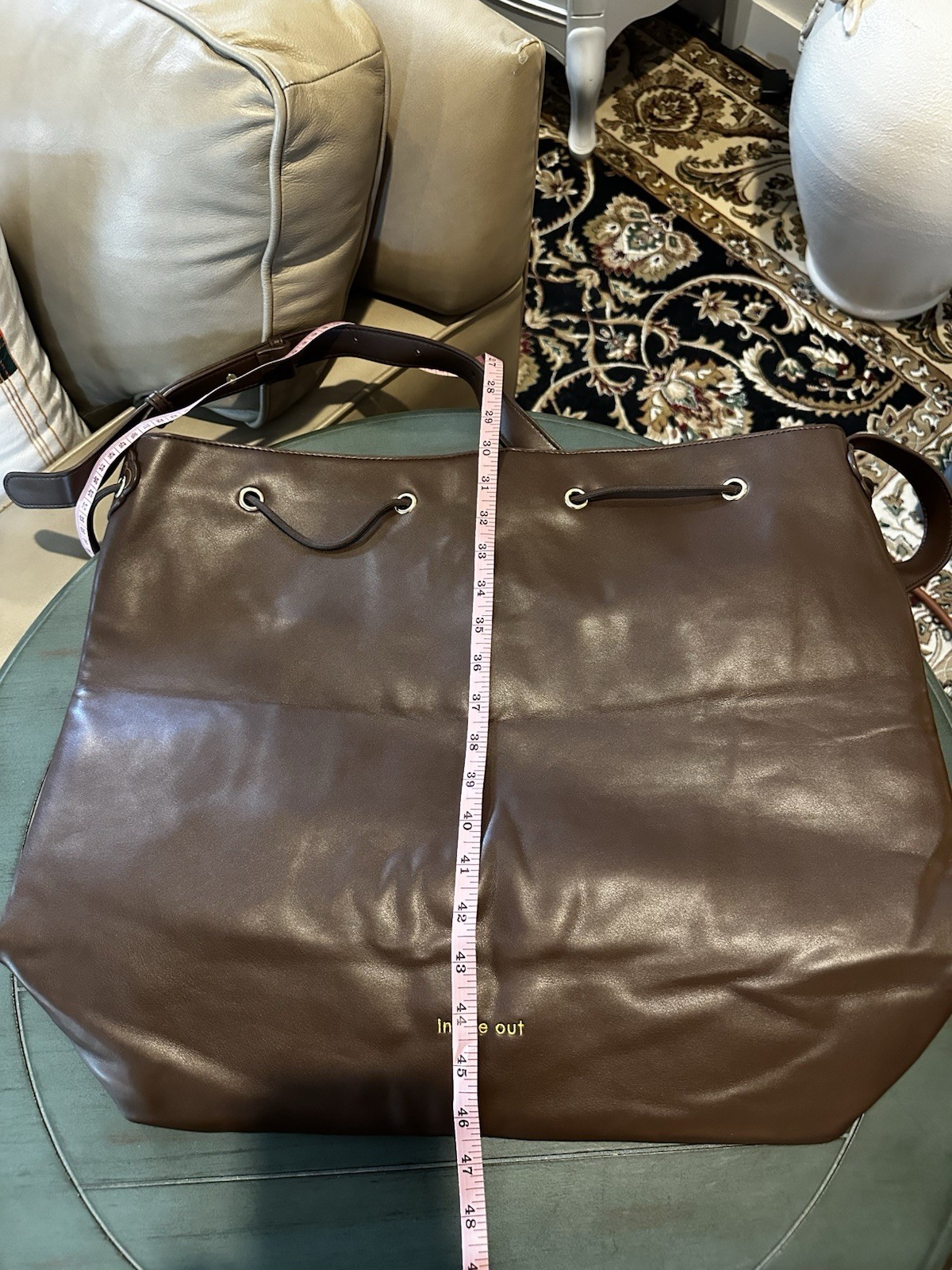 Inside Out Women Brown Bucket Drawstring Bag | Detachable Strap | Gold | Pockets