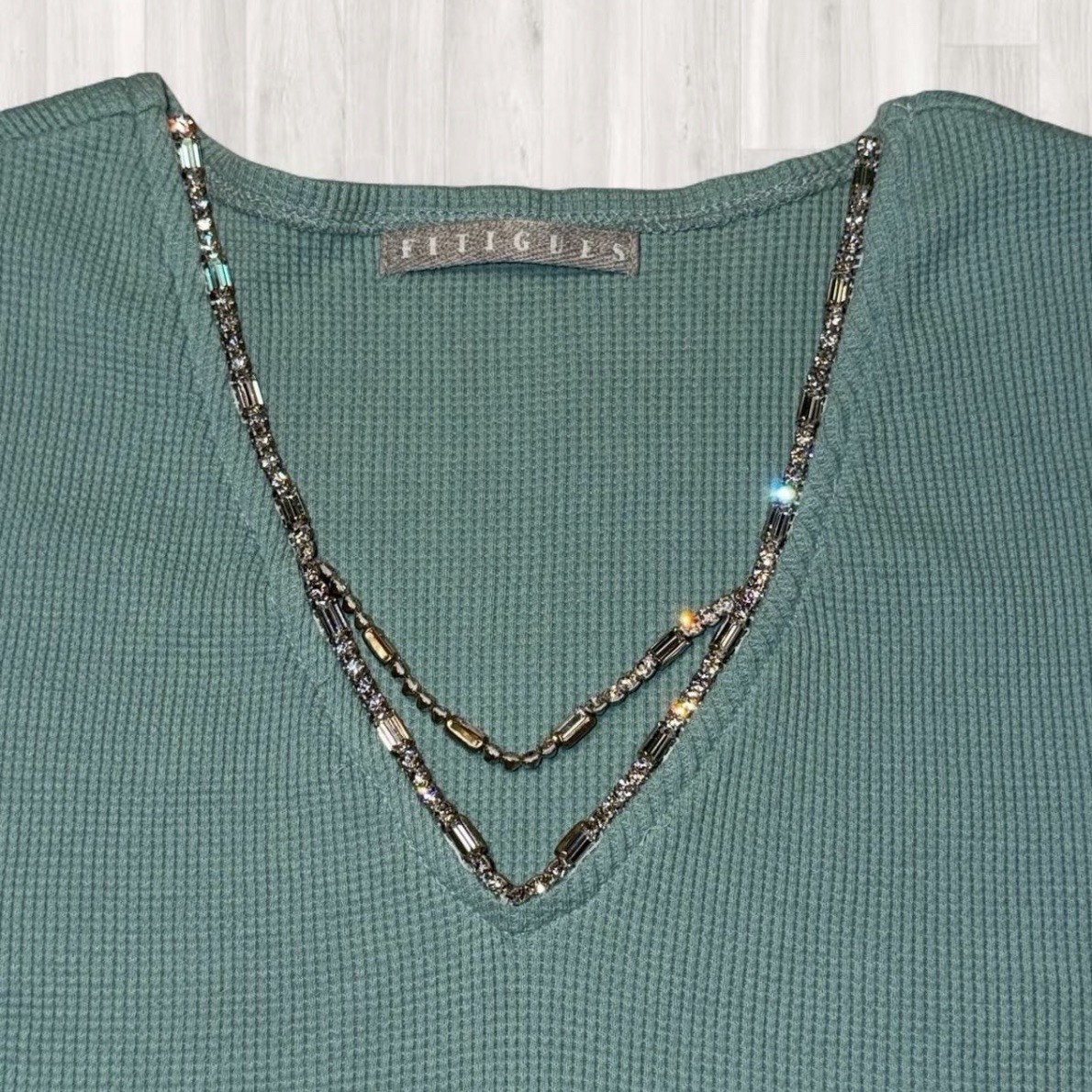 Fitigues Green Beaded V-Neck Waffle Knit Cotton Sleeveless Tank Top Women’s S