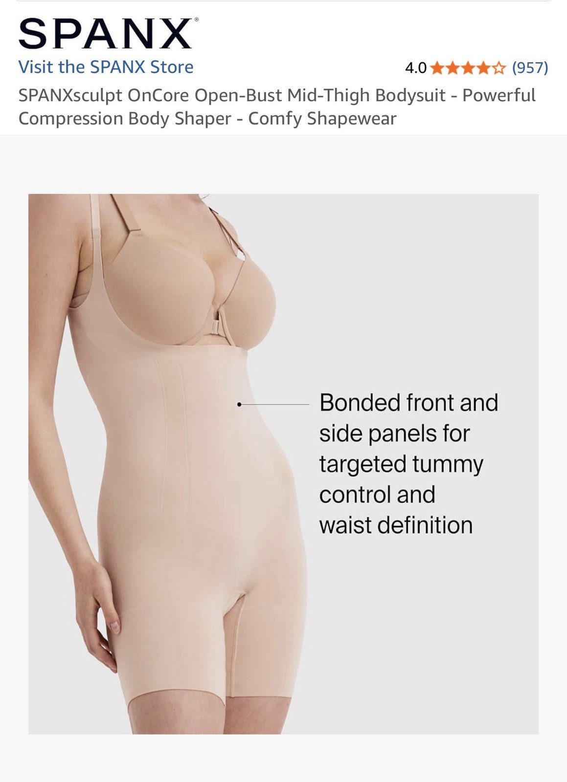 SPANX Sculpt OnCore Open Bust Mid Thigh Bodysuit Nude Slimming Shapewear Size L
