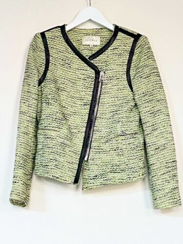 Sandro Green Tweed Jacket with Black Leather Trim – Size 36 (UK 8)