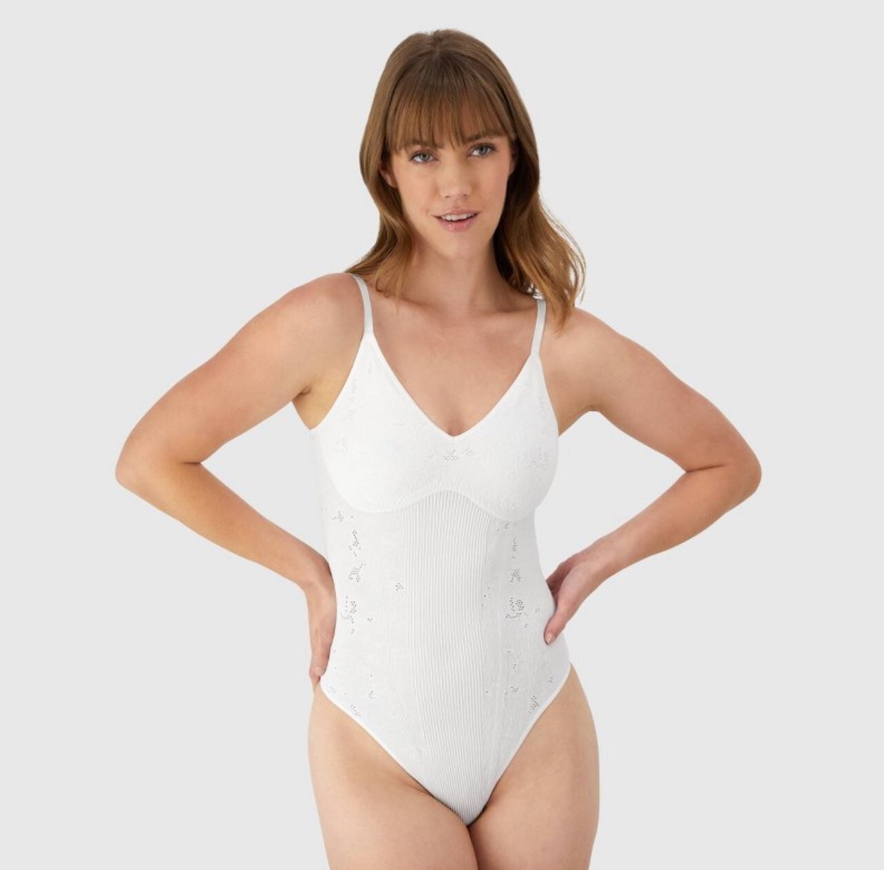 NWT~ Maidenform sz S White Shapewear Lace Bodysuit Thong Seamless Light zz1