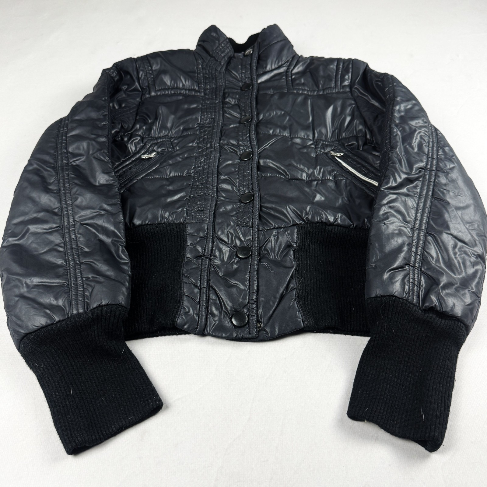 Womens Vintage Black Cropped Puffer Jacket Quilted Bubble Coat Y2K Streetwear