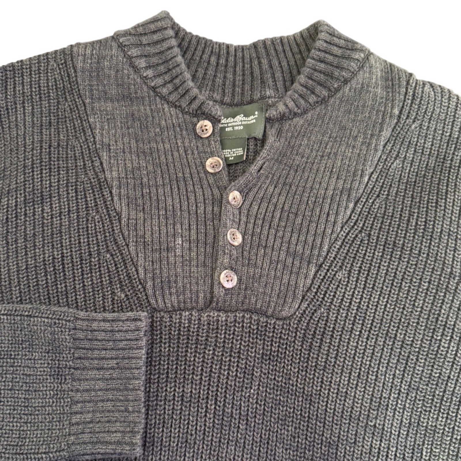 Vintage Eddie Bauer Men Henley Pullover Green Sweater Size M Distressed Chunky