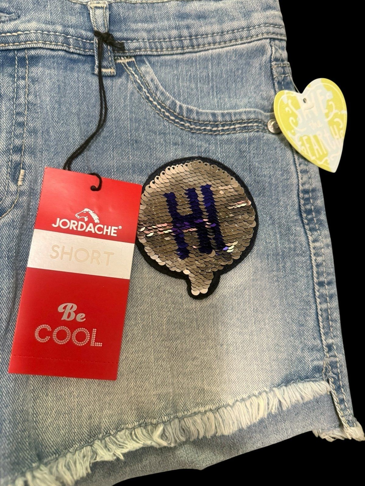 NWT Jordache Flip Sequin “Hi/Bye” Girls Sequin Denim Shorts Lightwash Waist 16