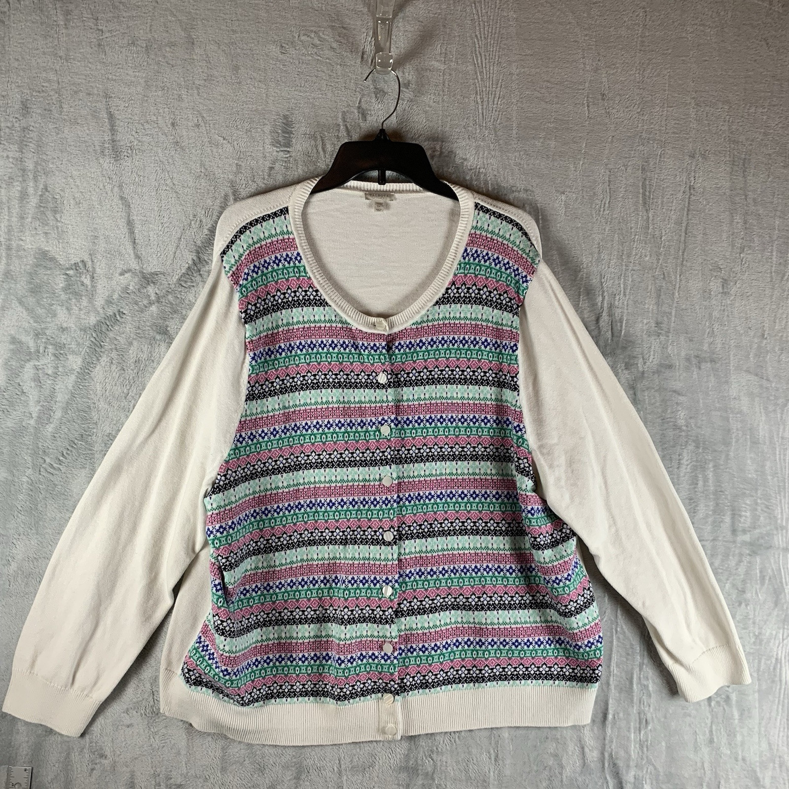 Talbots Women’s Fair Isle Cardigan Sweater Size 3X Ivory Pink Blue Winter Cozy