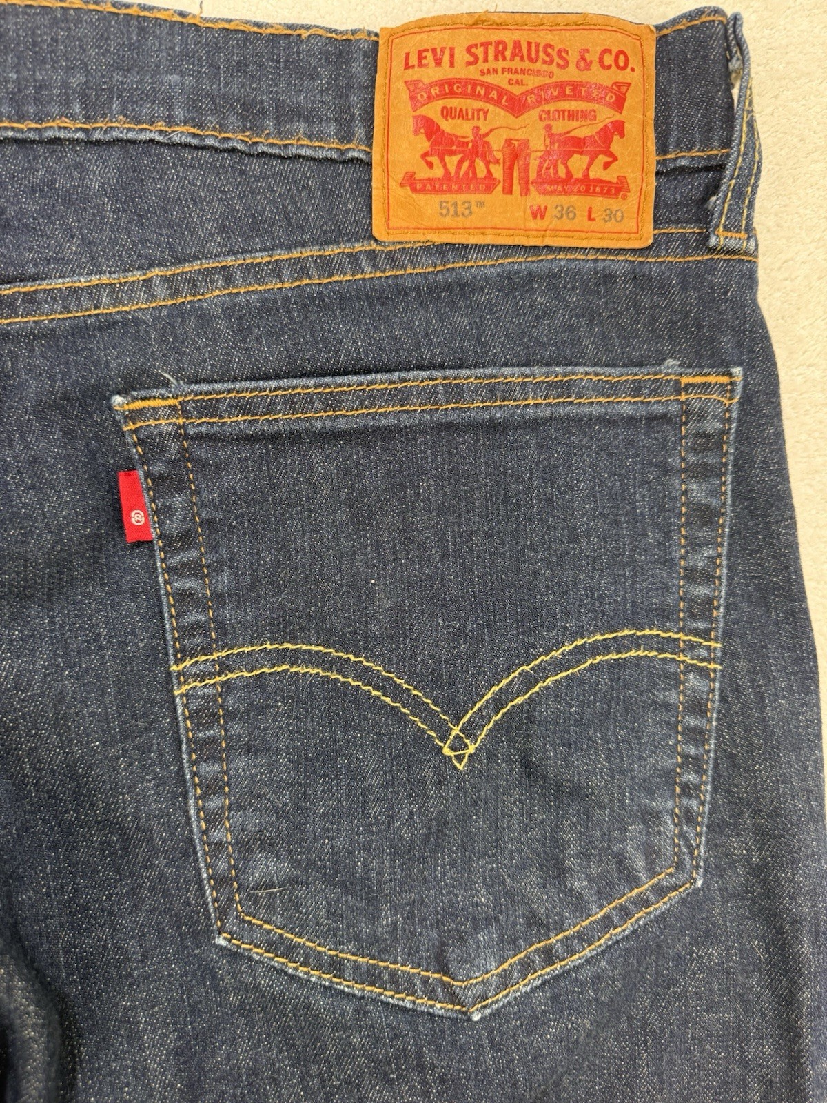 Levis 513 Jeans Men 36×30 Blue Slim Straight Stretch Whisker Distress Denim