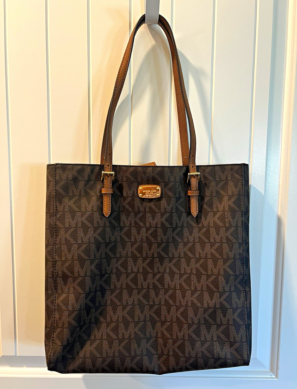 MICHAEL KORS JET SET TRAVEL BROWN LARGE NS PVC LOGO TOTE,SHOULDER HAND BAG NWT