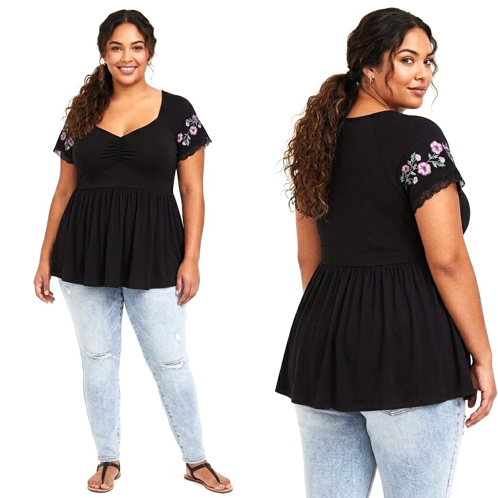 TORRID Sz 1 1X 14 16 Black Embroidered Sleeve Babydoll Top Notch Neck Lace Trim