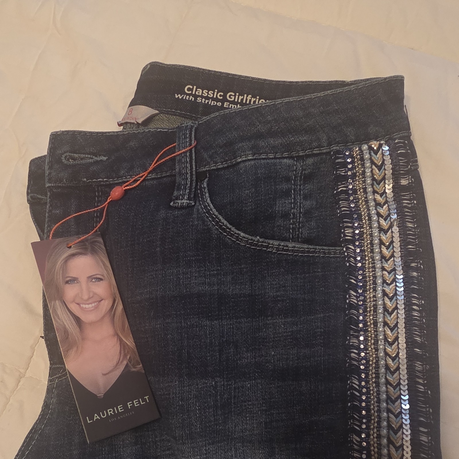 Laurie Felt Women’s Dark Wash Blue Denim Jeans Embellished Stripe Size 8