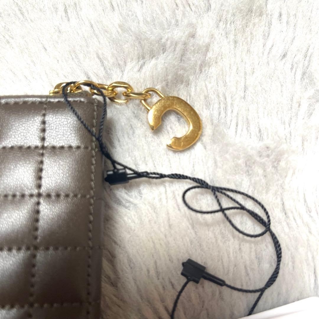 CELINE Clutch Bag Khaki Quilted Leather C Charm Pouch Gold Hardware Unused