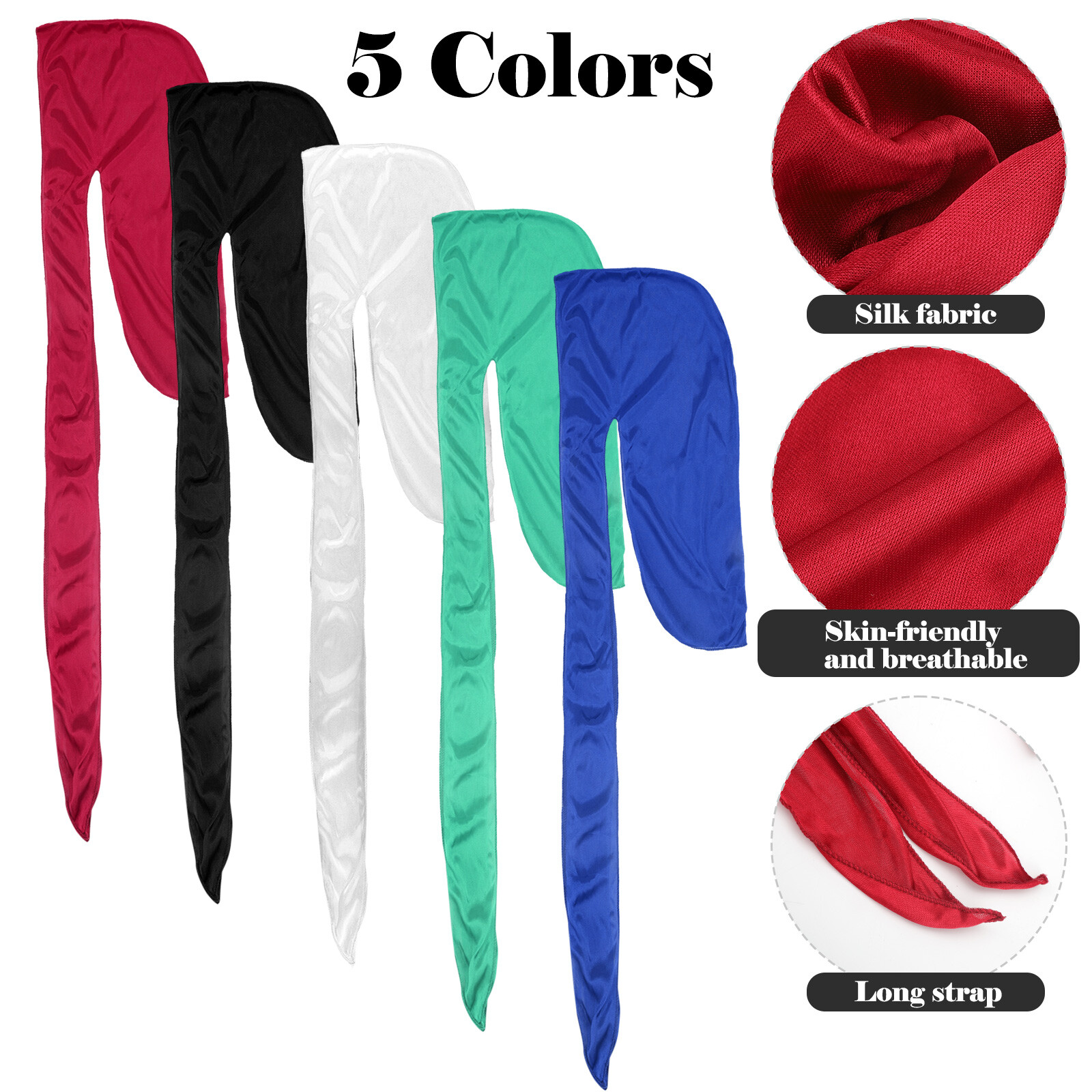 5 PCS Soft Durag Head Wraps for Men & Women – Multicolor Silky Headscarves Set