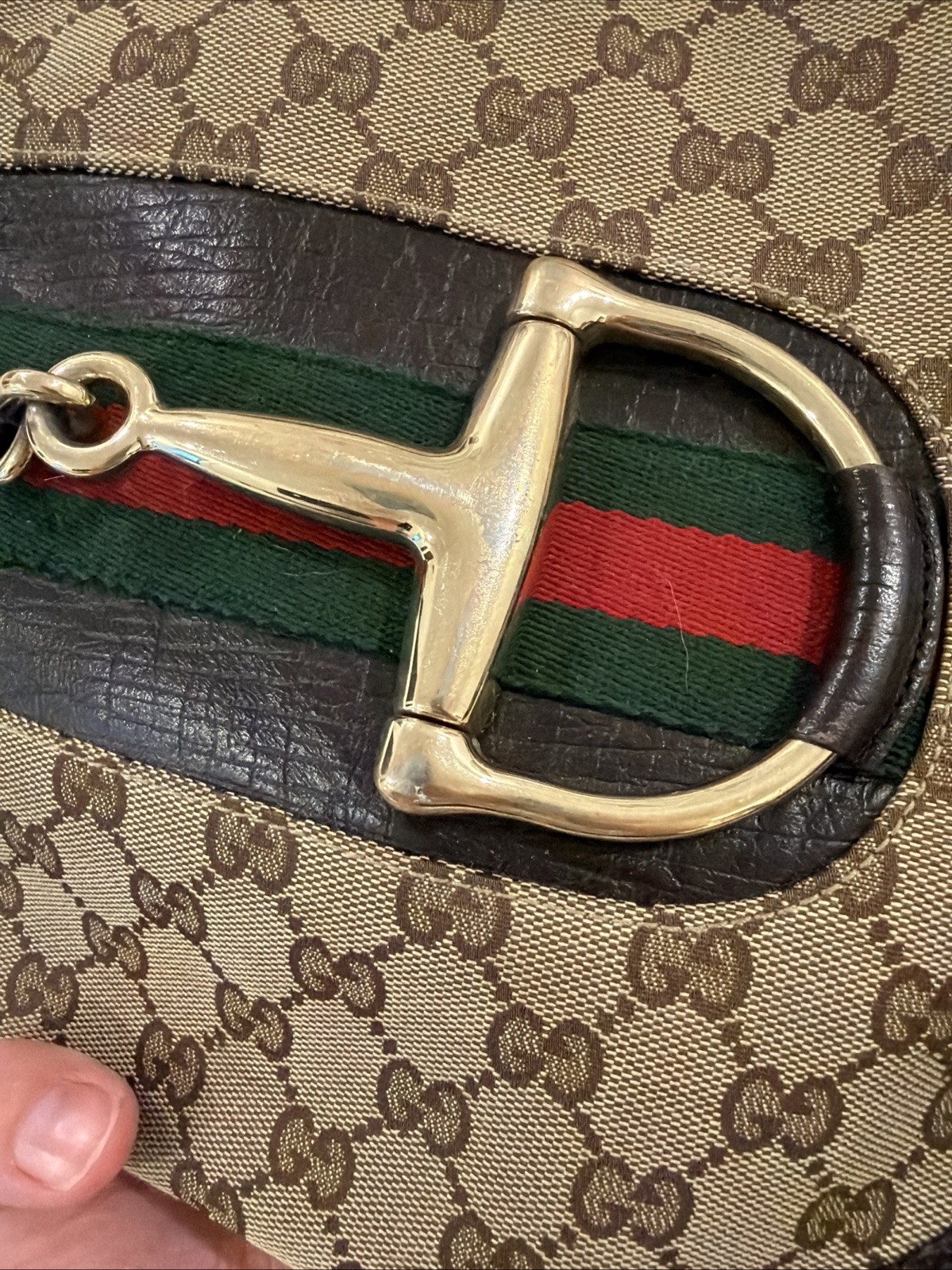 Gucci Heritage Horsebit Hobo In GG Canvas, Brown Leather Gold Bit
