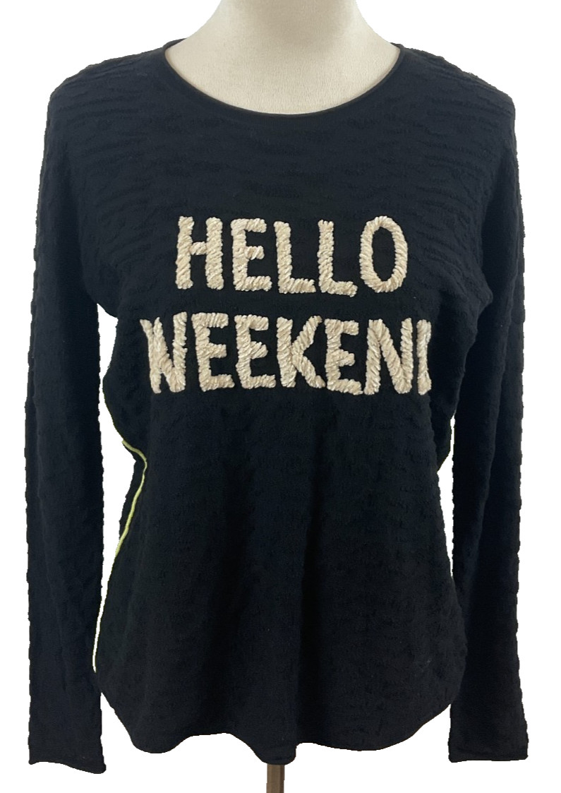 Lisa Todd Thin Textured Sweater Black Hello Weekend Beige Lime Trim Long Sleeve
