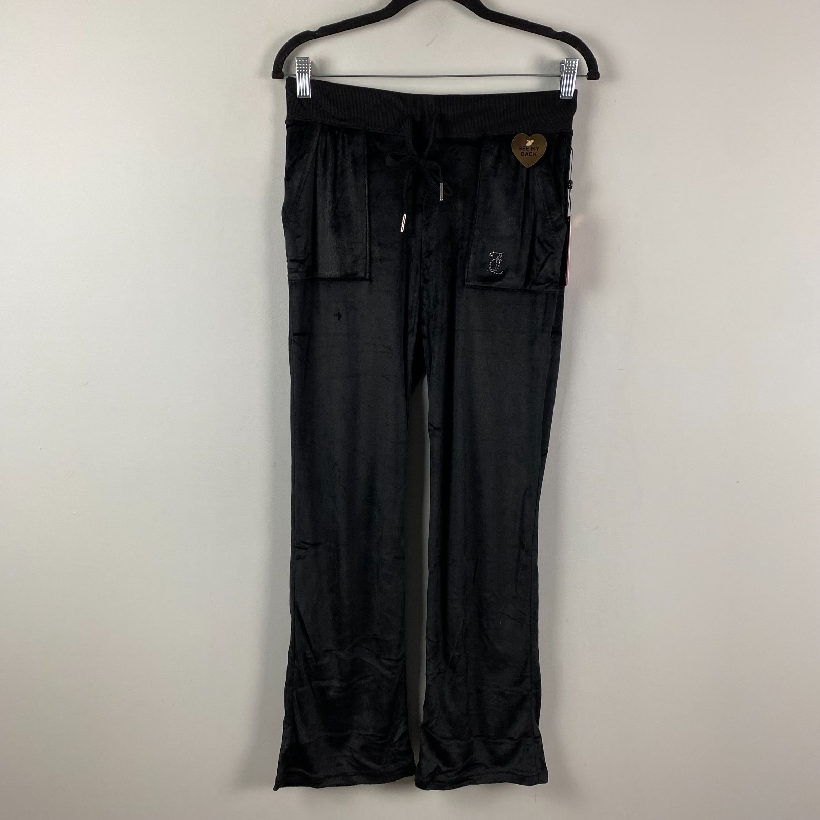 Juicy Couture Bling Y2K Black Velvet Fleece Rhinestone Embellished Pants S