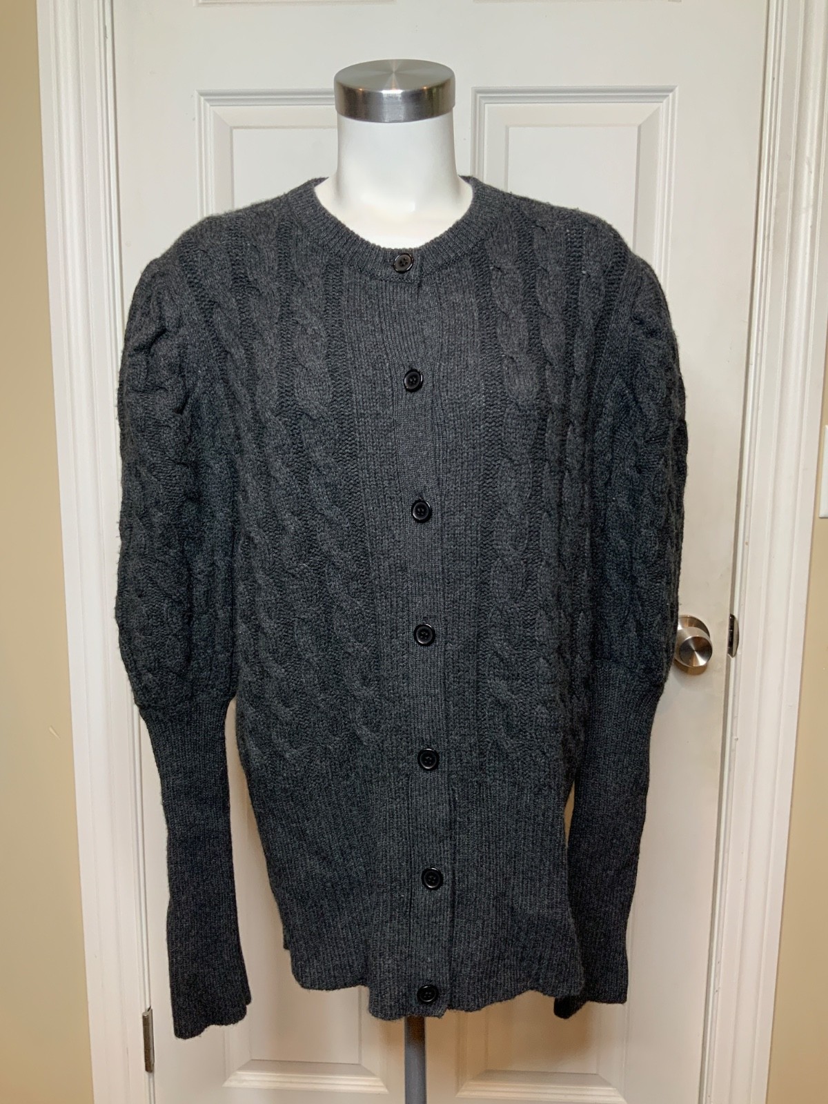 Madeleine Thompson Gray Cashmere Wool Cable Knit Bishop Sleeve Cardigan, Size XL