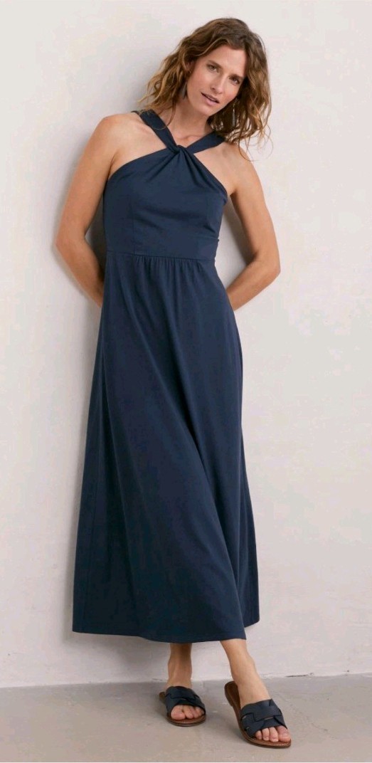 SEASALT FARAWAY SEA DRESS MARITIME NAVY BLUE HALTER NECK JERSEY STRETCHY SIZE 20