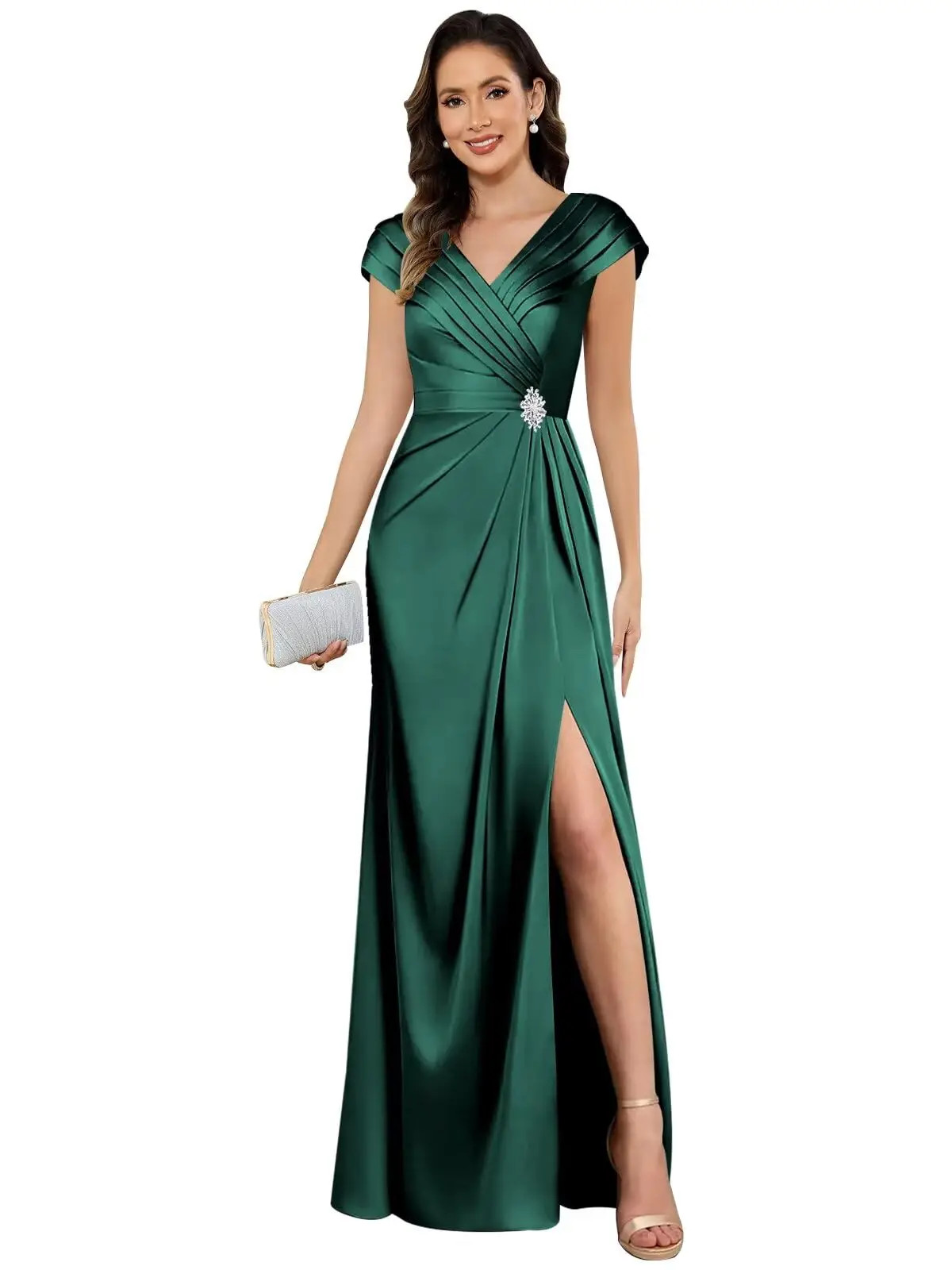 Customized Satin Mother of The Bride Dresses with Slit VNeck Beaded Formal Dress