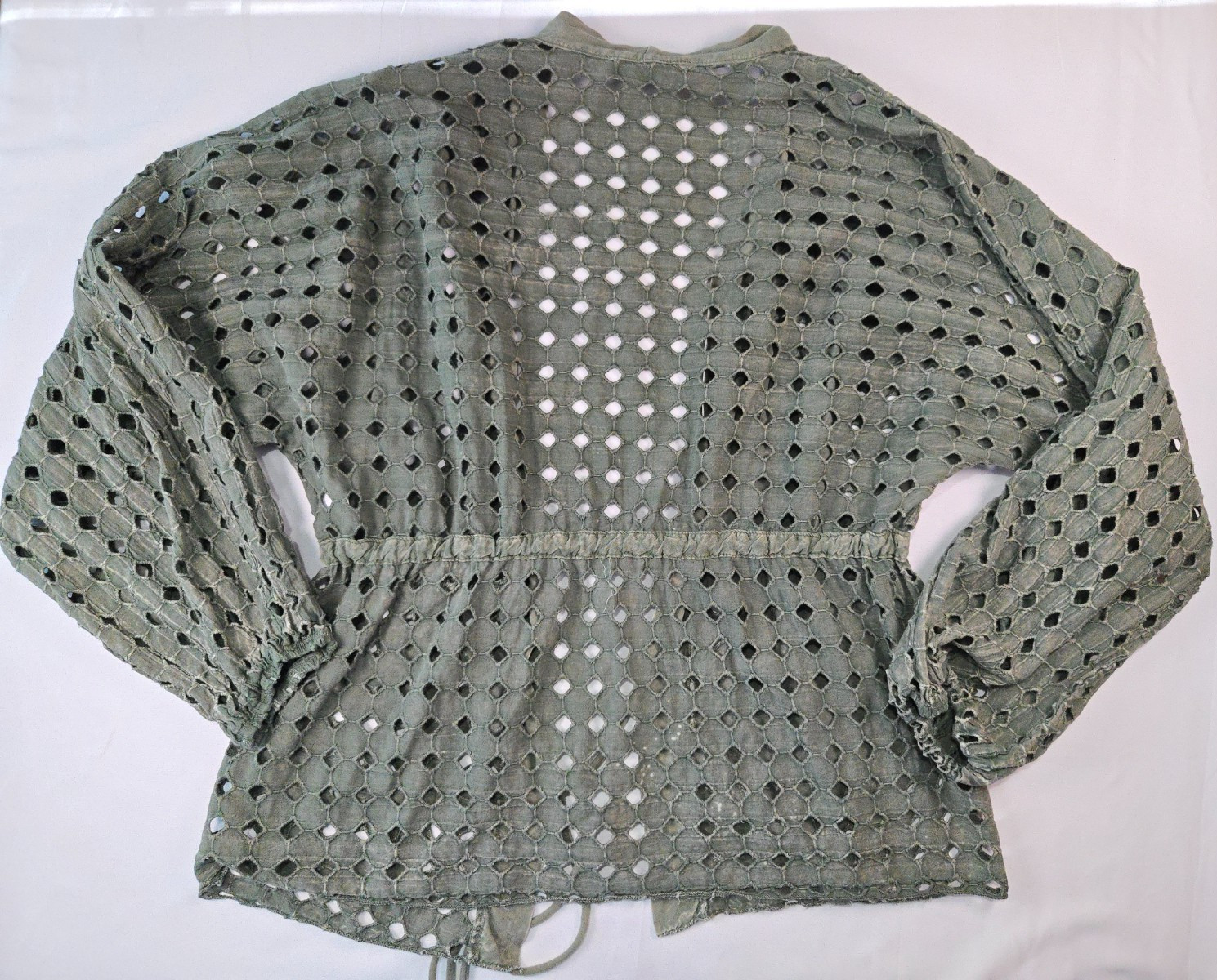 Olive Green Eyelet Cutout Tie Front Cardigan Sz Medium Earthy Lagenlook Festival