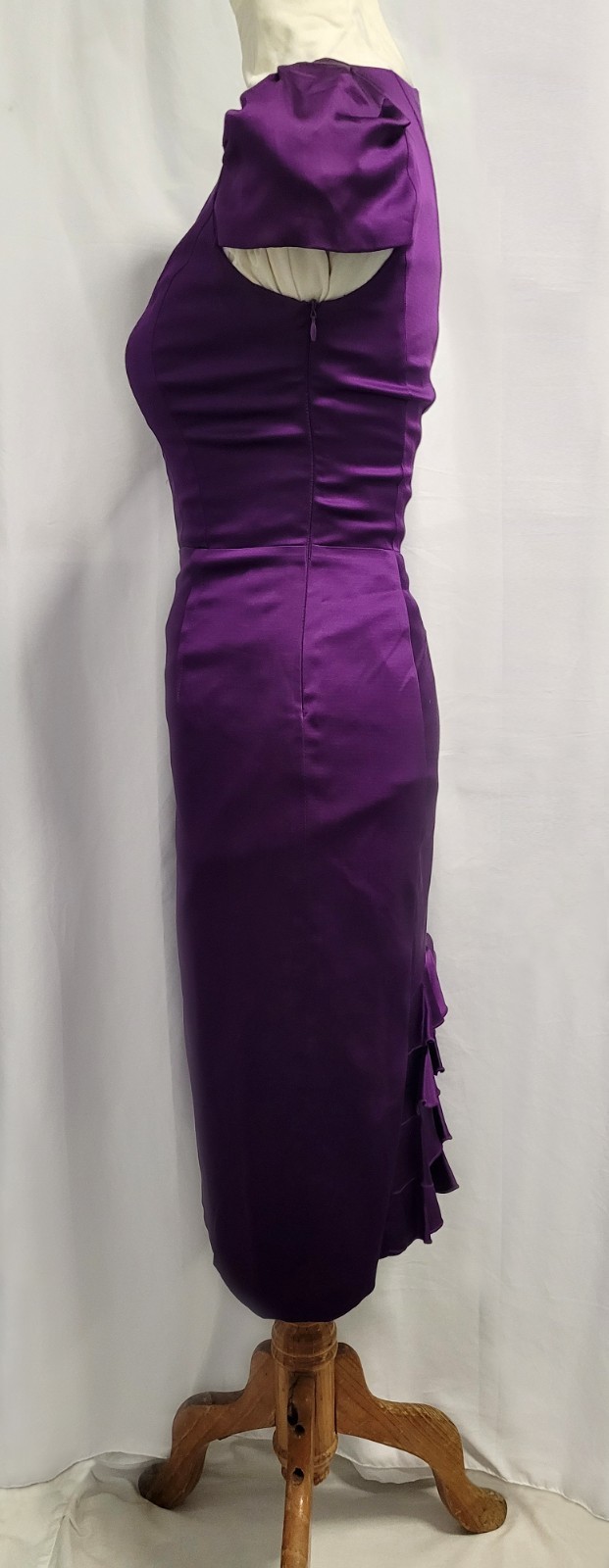 CUE Purple Satin Midi Pencil Bustle Dress Cup Sleeve Size 8
