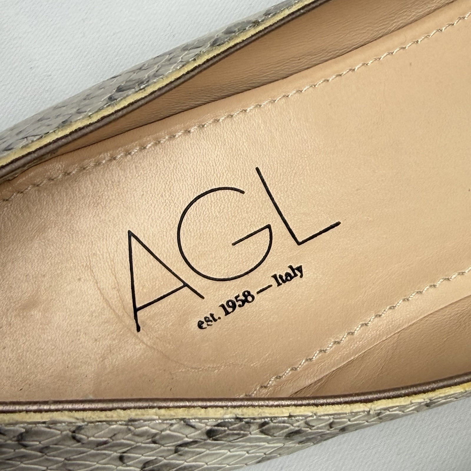 AGL Ballet Flats 37.5 Snakeskin Leather Pointed Toe Italy Designer Shoes