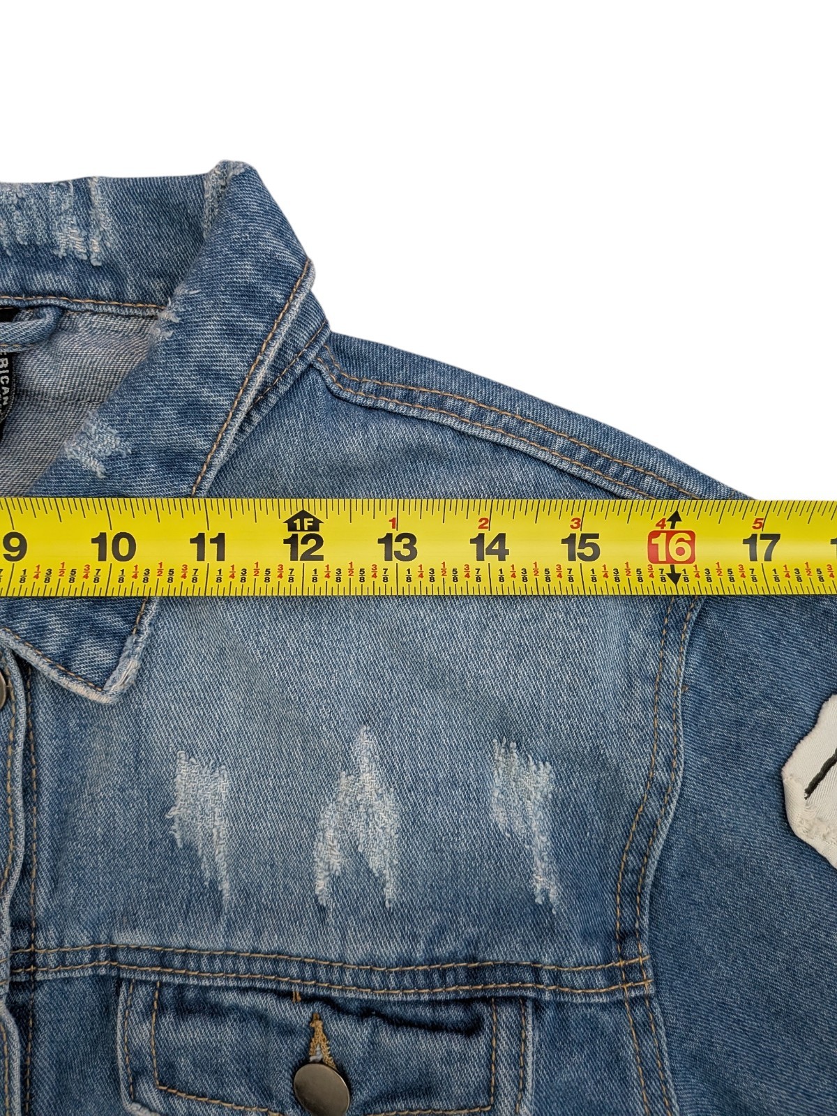 American Bazi Cropped Denim Fashion Tour Jacket Distressed Patchwork Raw Hem Med