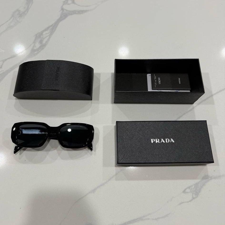 PRADA Women’s Rectangle Sunglasses Black Plastic Frame Gray Tinted Lenses