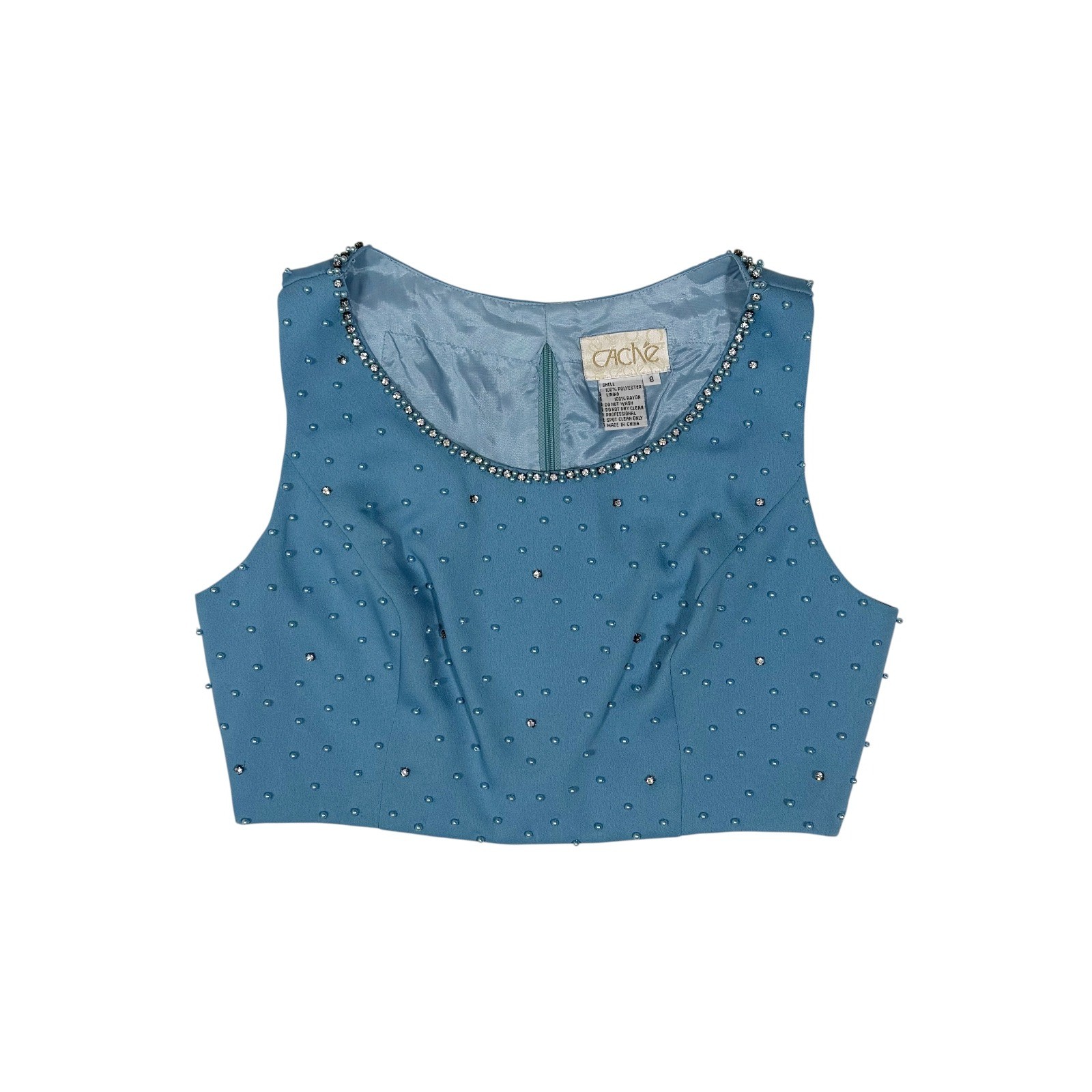 Vintage Cache Blue Beaded Pearl Rhinestone Crop Top Evening Sleeveless Size 8