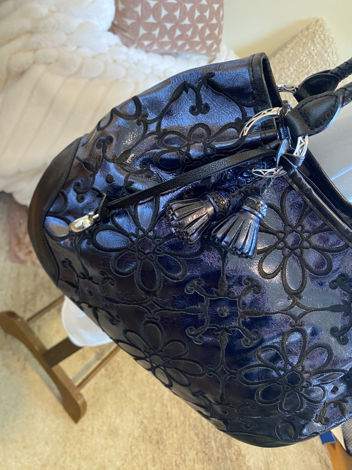 Brighton Valencia Sapphire Blue Metallic Leather Embroidered Flowers EUC