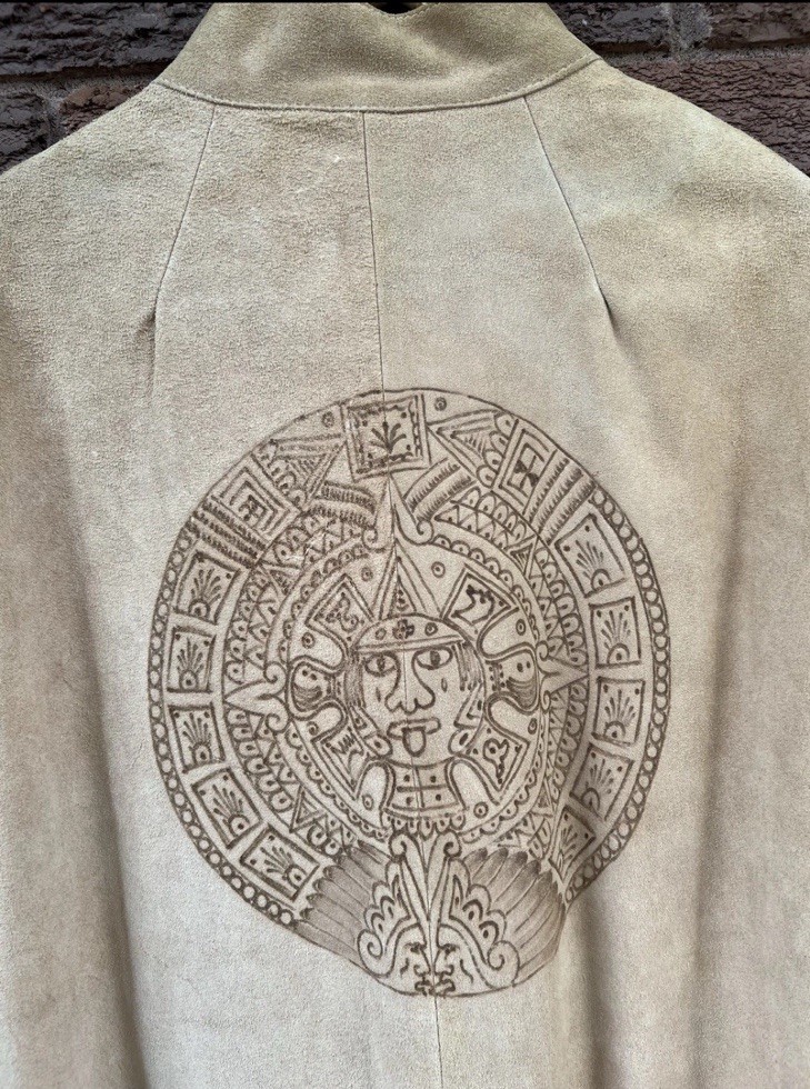 Vintage 70’s Suede Leather Native Art Pyrography Poncho Cape With Fringe Med-Lrg