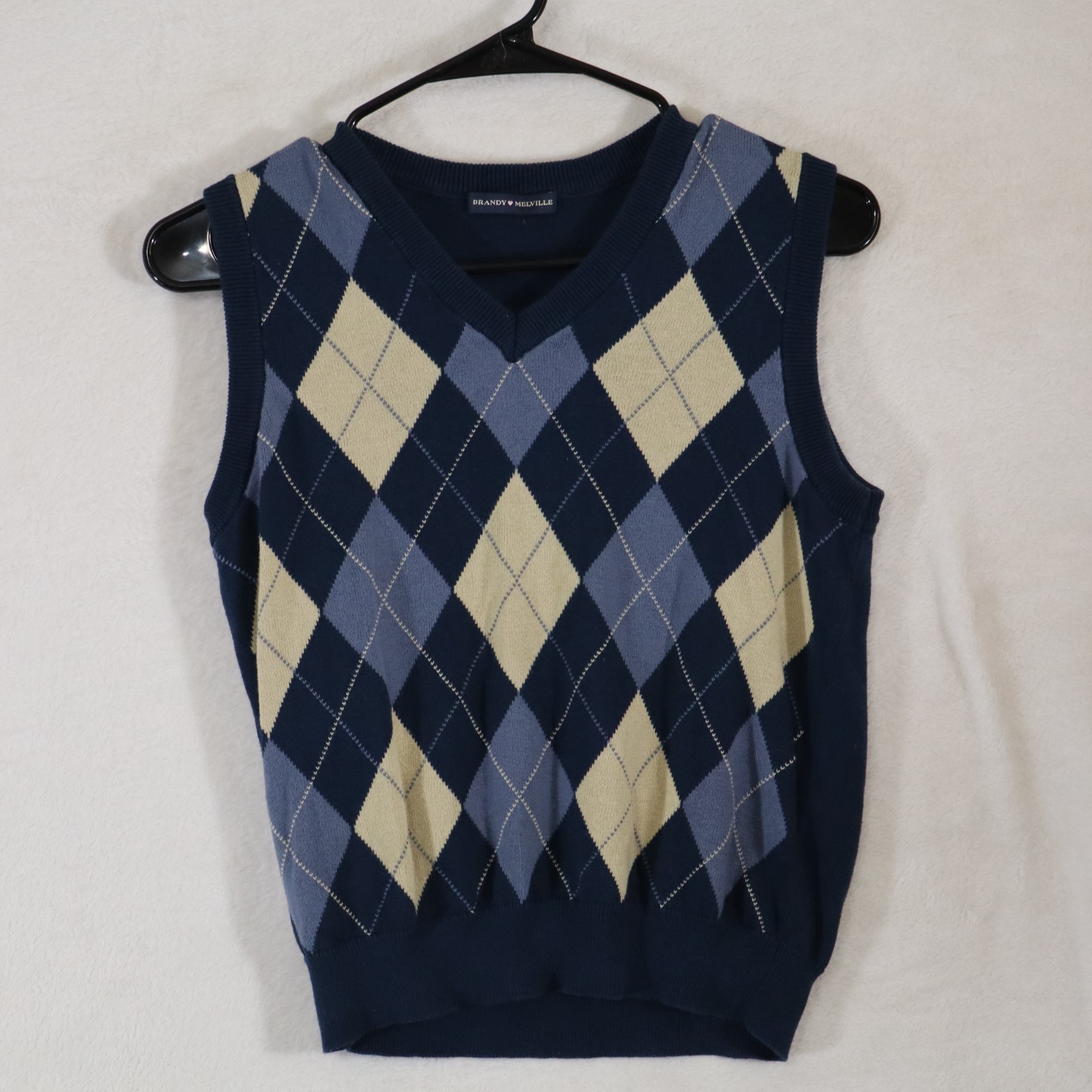 Brandy Melville Argyle Sweater Vest One Size XS/S Navy Beige Knit Preppy Y2K
