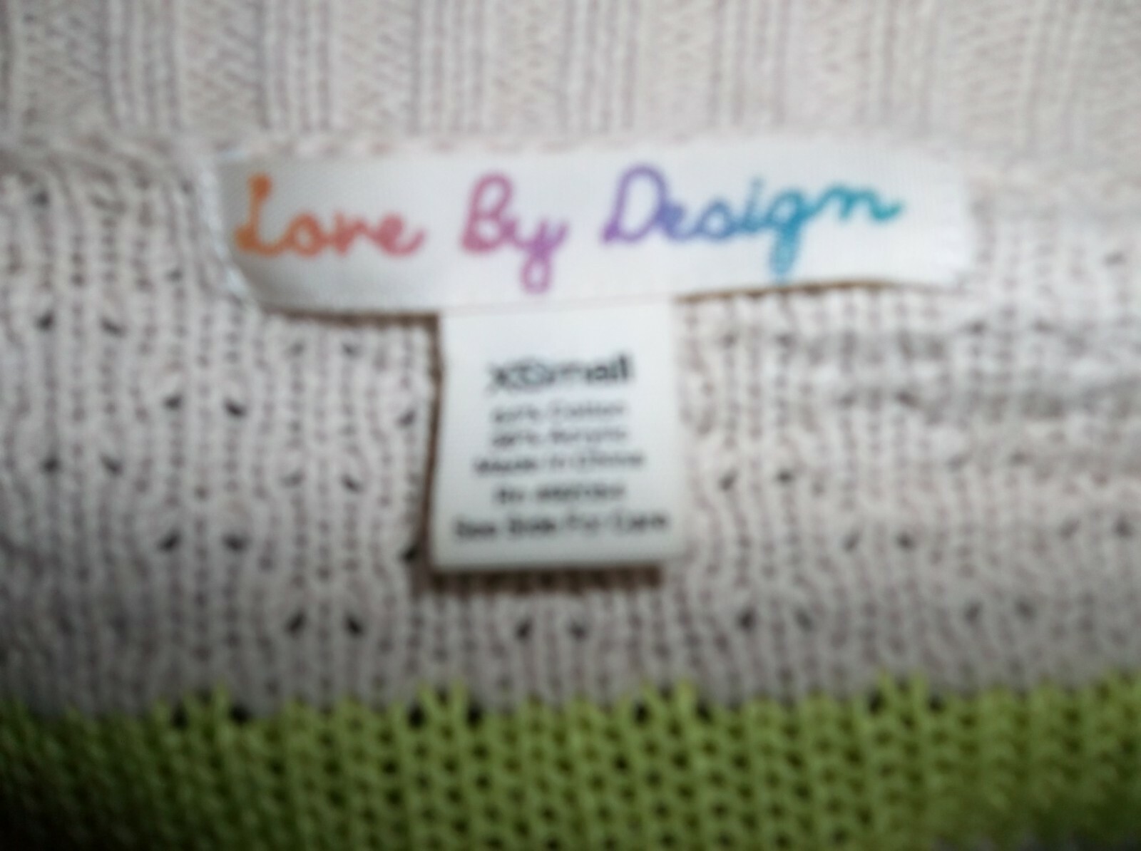 LOVE BY DESIGN Beige/Lime Open-Front Cardigan, Size XS–Small, Cotton/Acrylic