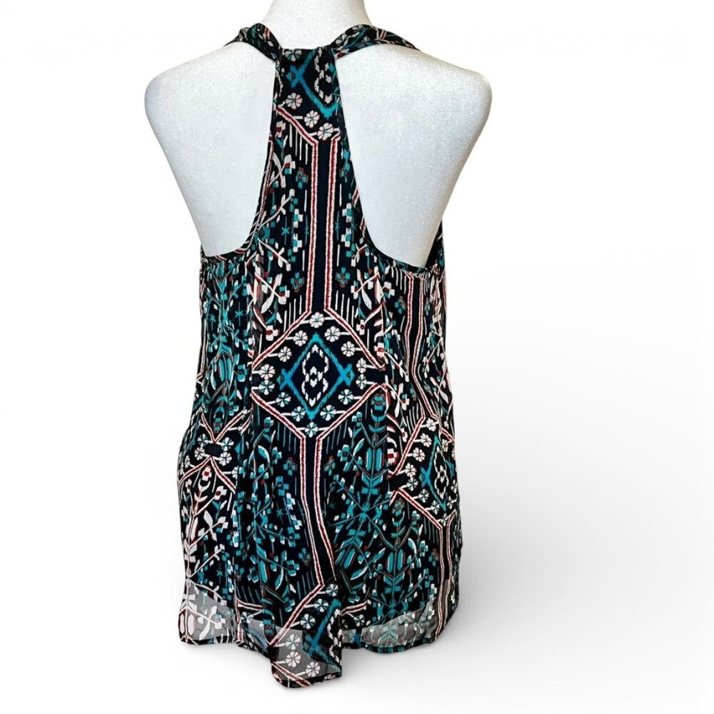 Boho Chic Silk Racerback Halter Blouse M Top Geometric Ikat Print Southwestern