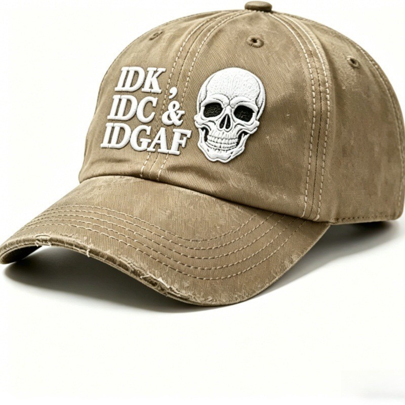 IDK IDC & IDGAF Skull Embroidered Vintage Washed Baseball Cap Funny Men Dad Hat