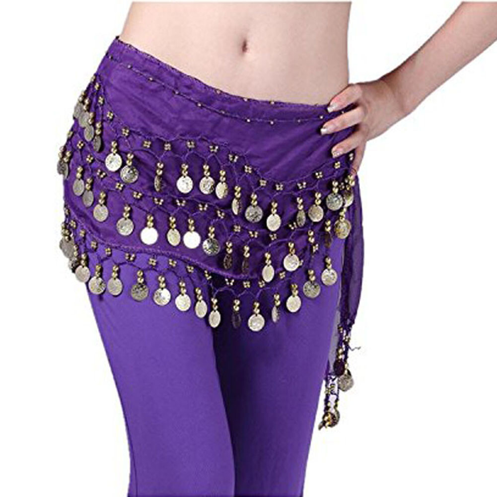 Women Belly Dance Costumes Hip Scarf Wrap Belt Skirt Gold/Silver Coins Beads US