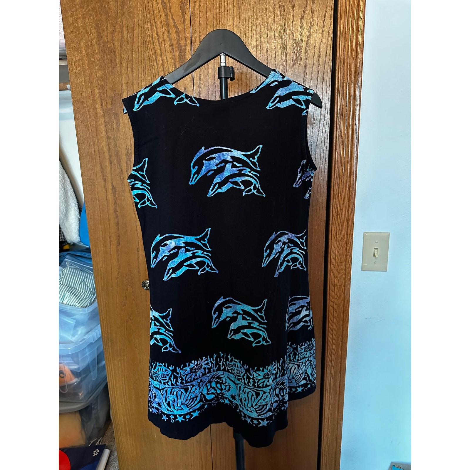 Rum Reggae Black Cotton Batik Dolphin All Over Print Sun Dress Size Small