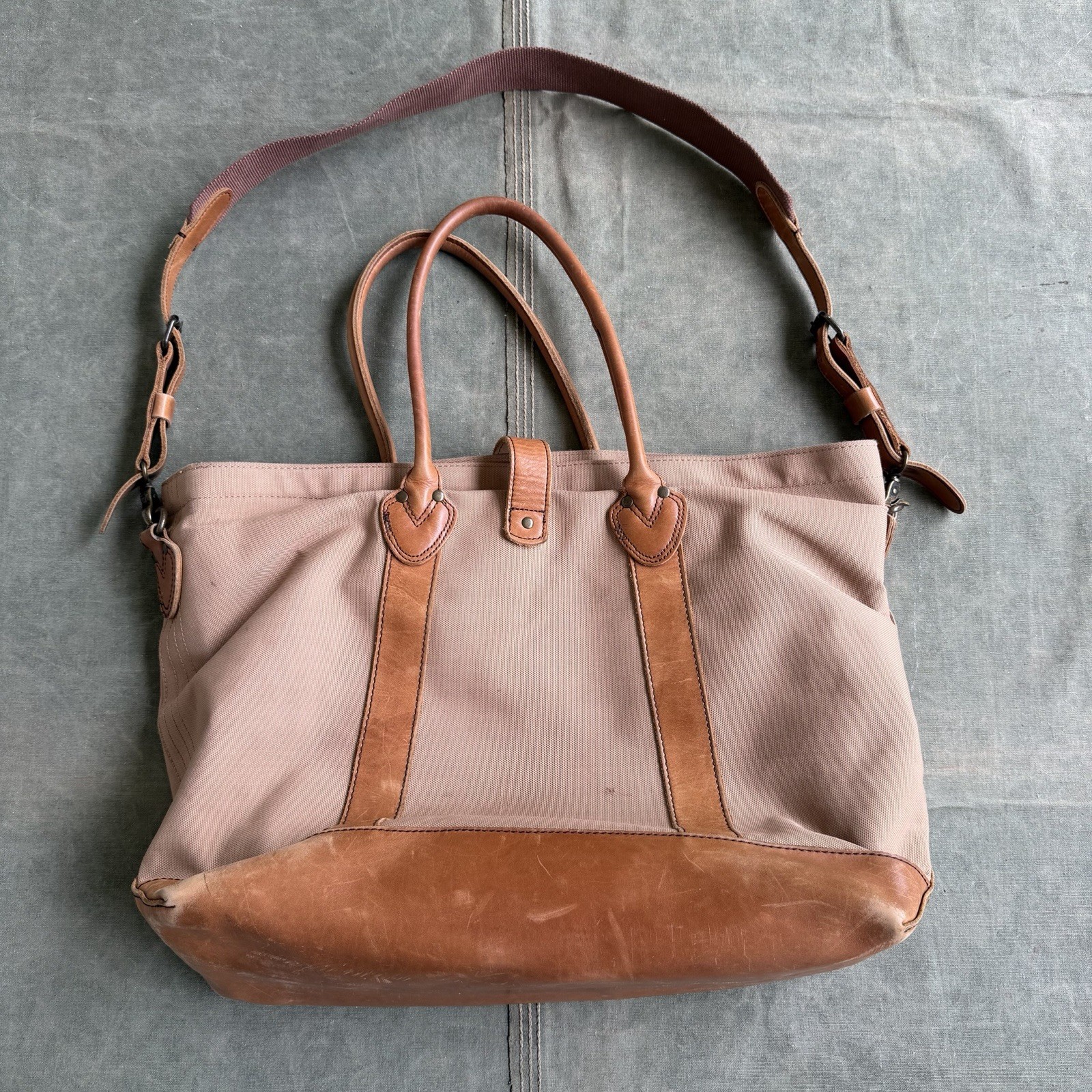LL Bean Signature Boat And Tote Canvas Leather Strap Shoulder Duffle Boston Bag