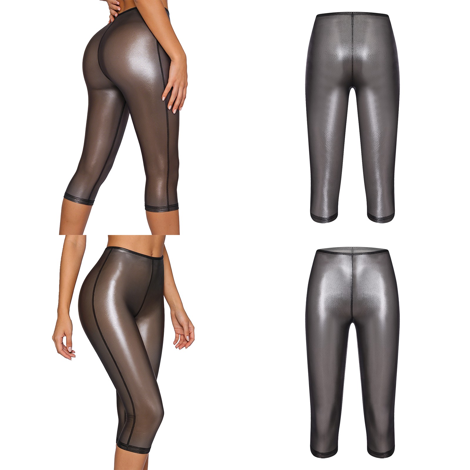 Women Transparent Tights See Through Capris Skinny Pants Vinyl Stretchy Bottoms