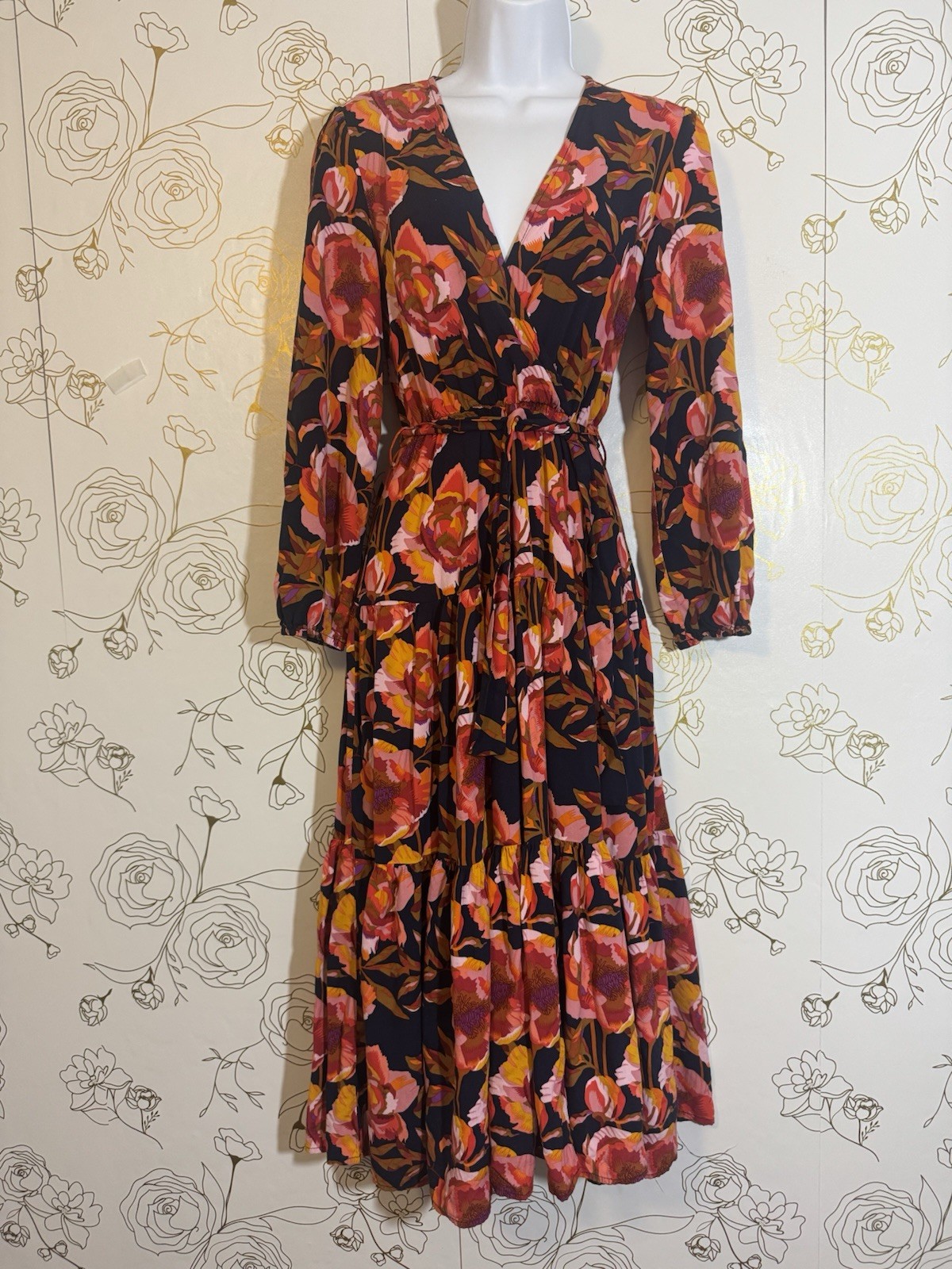 Petal and Pup Dress small Floral Midi/Maxi Wrap Navy Orange Pink Puff Sleeve