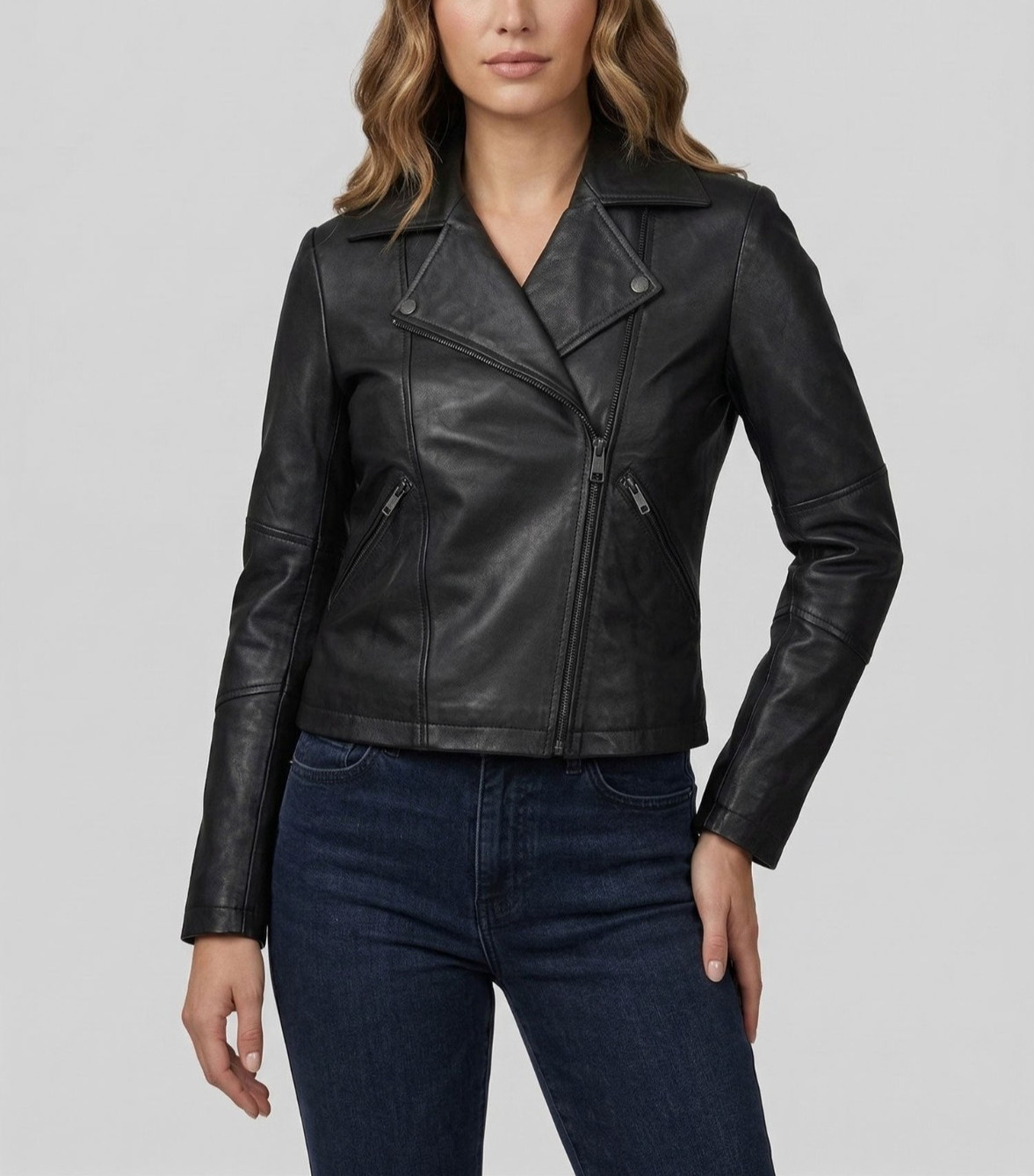 Womens Real Black Leather Jacket Asymmetric Biker Moto Slim Fit Motorcycle Coat