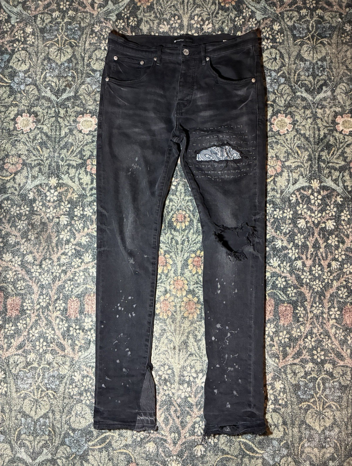 Purple Brand Men’s Black Dark Wash Distressed Skinny Stretch Denim Jeans Logo