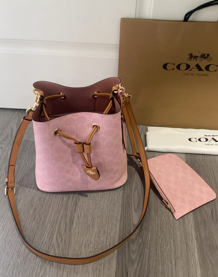 NWT Coach CEA23 Rowan Bucket Bag In Signature Canvas With Charms Powder Pink