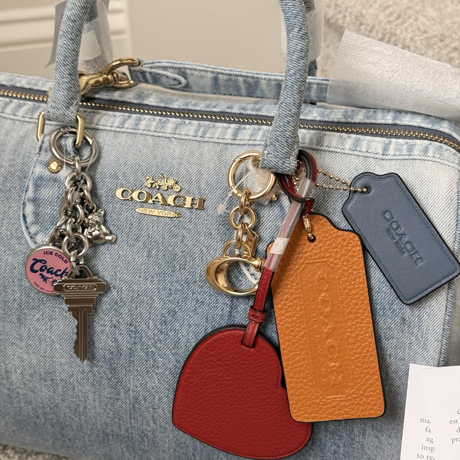 NWT COACH Rowan Large Satchel Bag In Loved Denim With Charms CDY75 Light Indigo