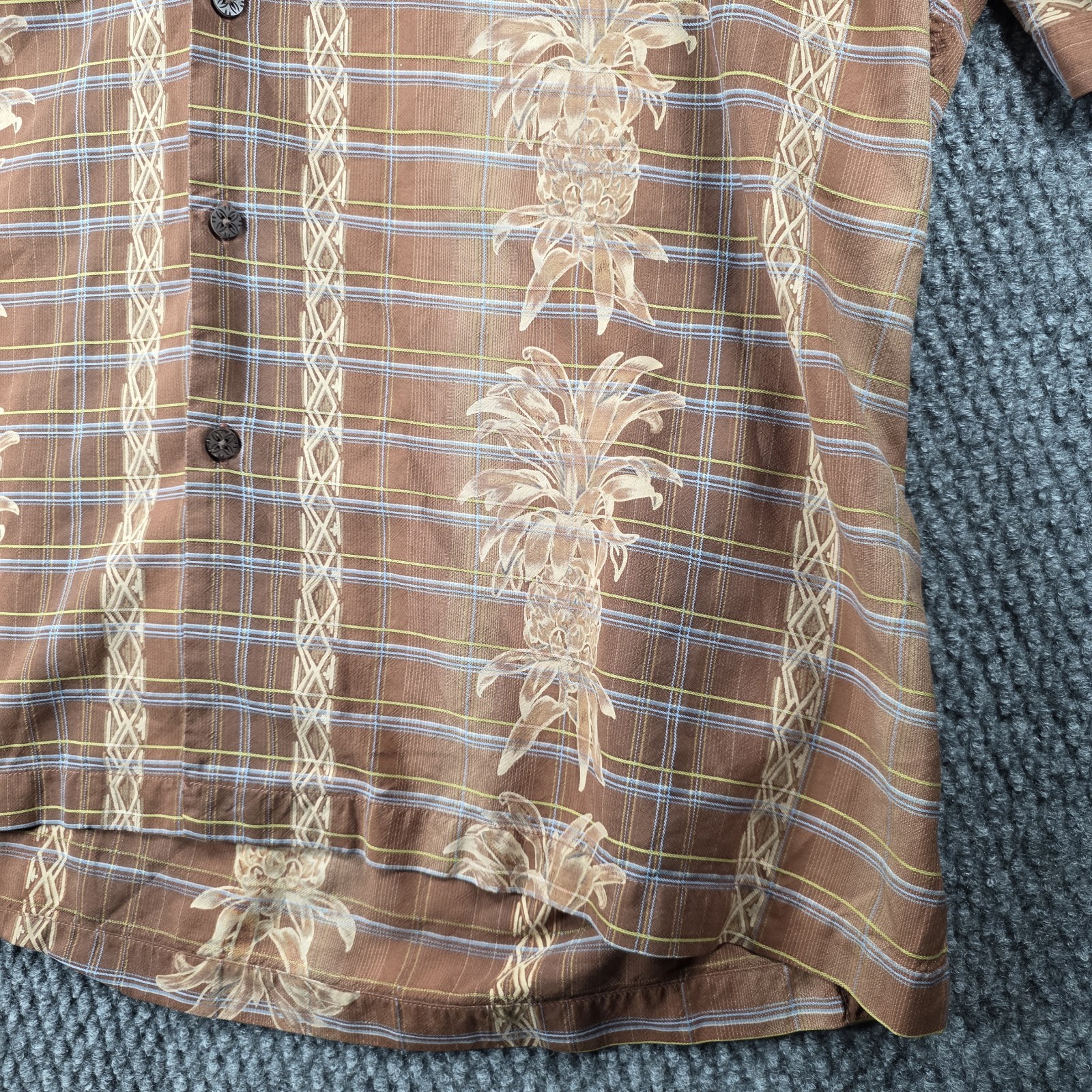 Vintage Tommy Bahama 100% Silk Aloha Shirt Mens XXL Brown Hawaiian Pineapple 90s