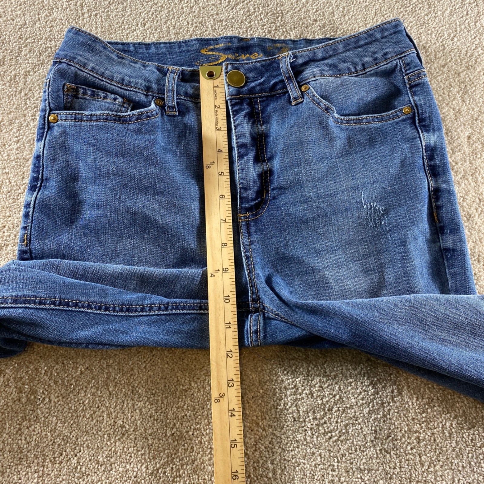 Seven7 Slim Straight Jeans Womens 8 Blue Excellent Distressed High Rise Raw Hem