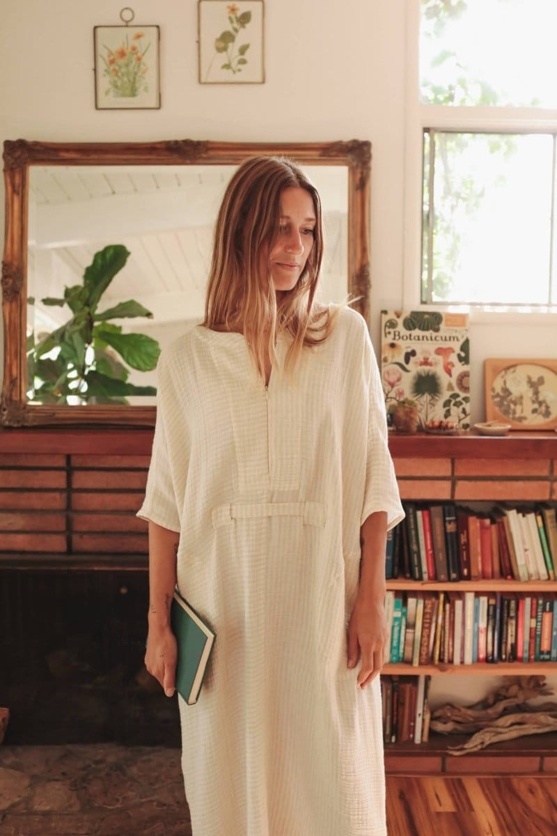 Odd Bird Ruya Tunic Dress XS/S Ivory Organic Cotton Gauze Belted Caftan