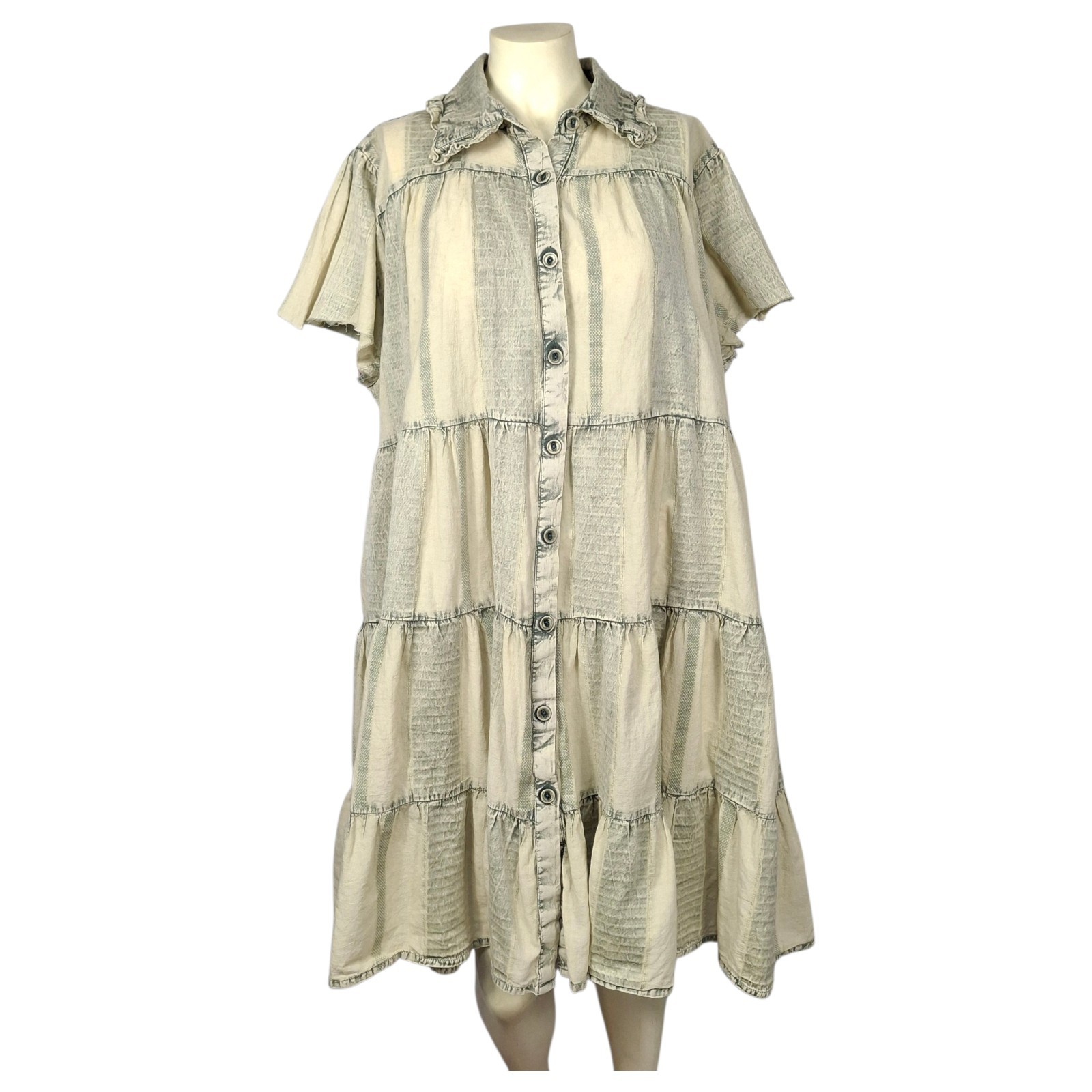 A Rare Bird One Size Linen Blend Tiered Shirt Dress Sand Beige Button Front Boho